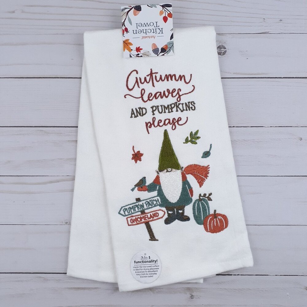 Fall Kitchen Dish Towel Dual Purpose Gnome Embroidered Pumpkin